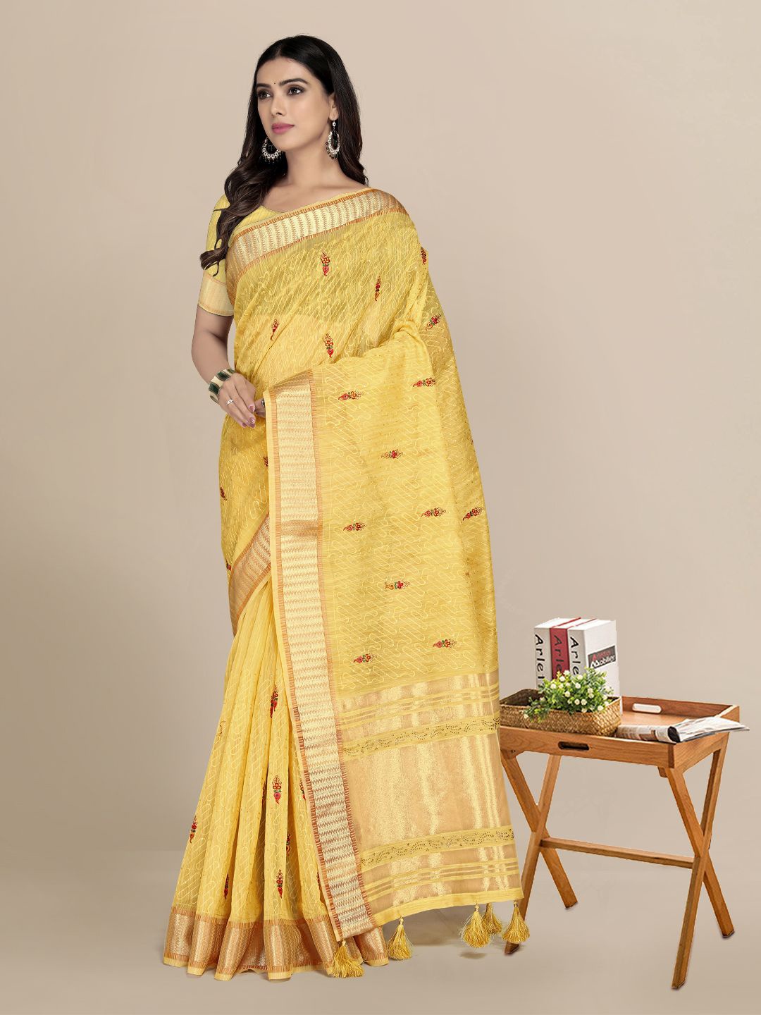 

Mitera Yellow & Red Floral Zari Pochampally Saree