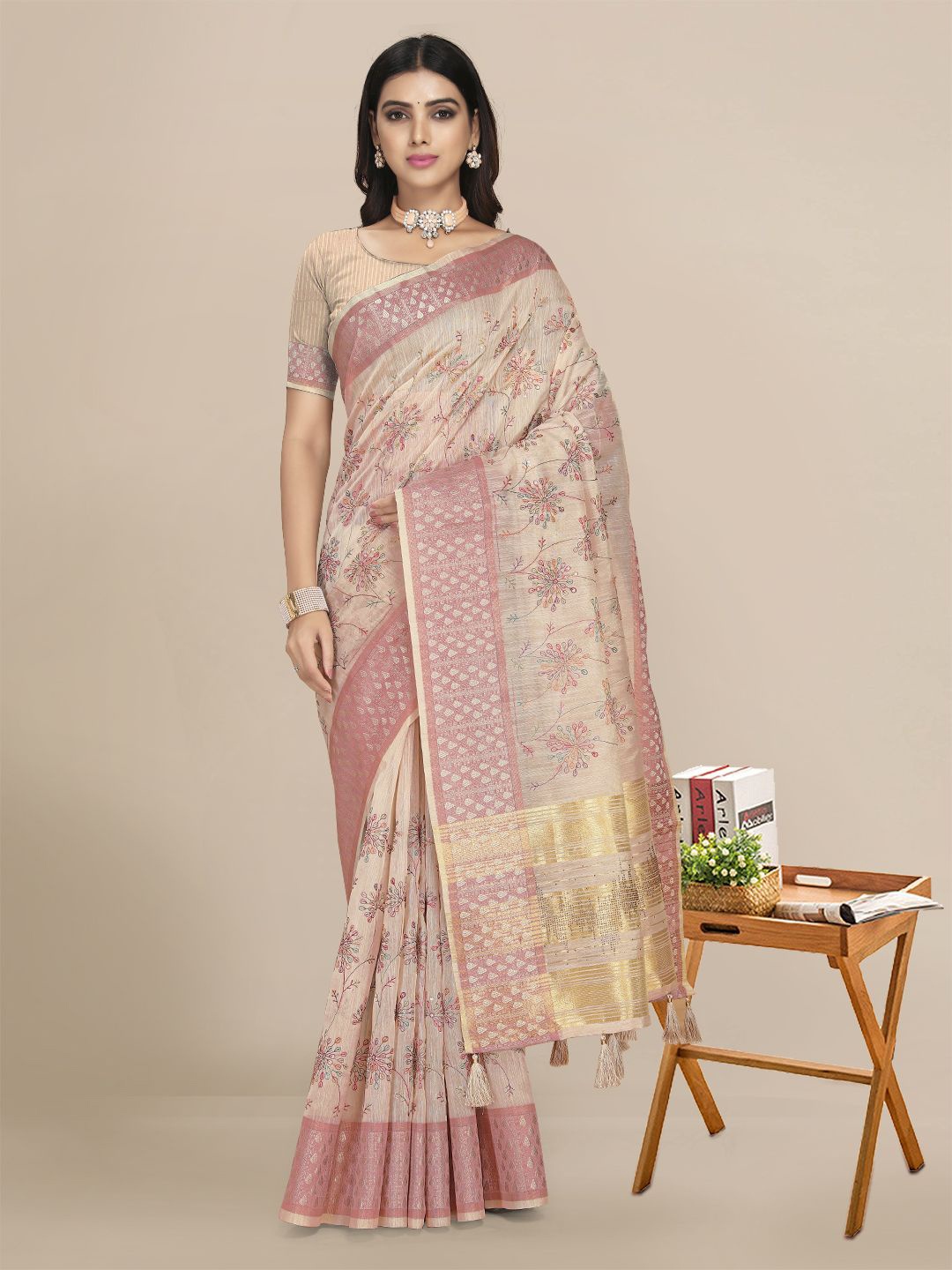 

Mitera Beige & Gold-Toned Embellished Zari Pochampally Saree