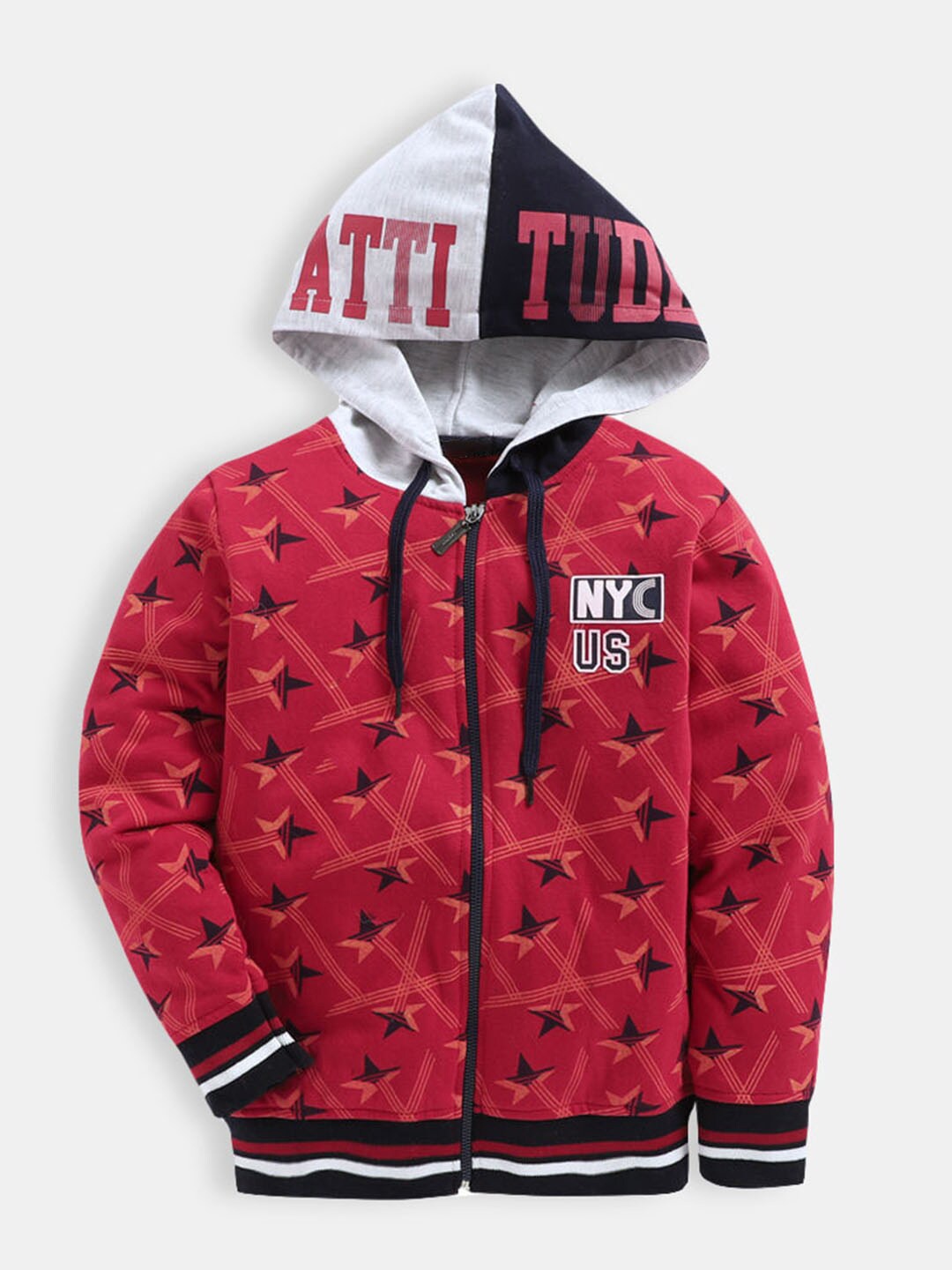 

Hopscotch Boys Red Printed Hooded Sweatshirt