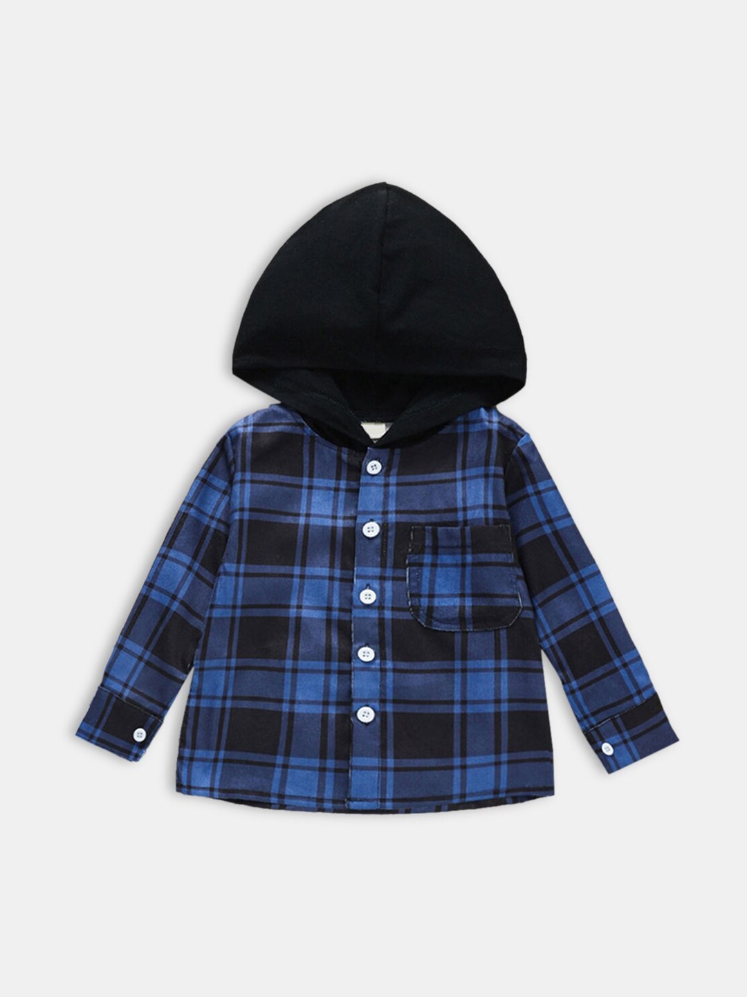 

Hopscotch Boys Blue Checked Cotton Hooded Open Front Jacket
