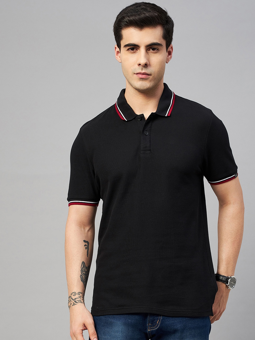 

Marks & Spencer Men Black Polo Collar Pure Cotton T-shirt