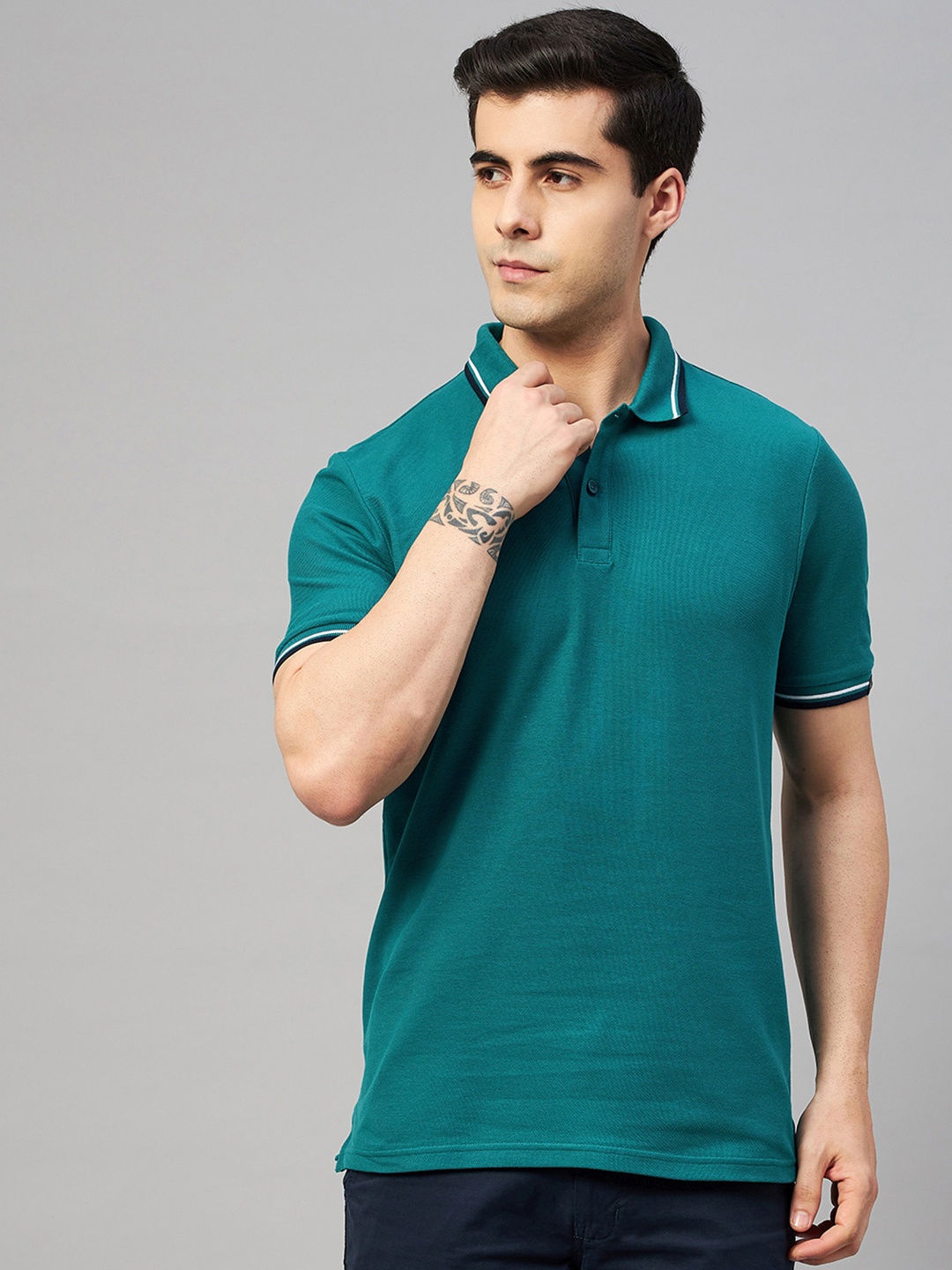 

Marks & Spencer Men Teal Green Solid Polo Collar Pure Cotton T-shirt