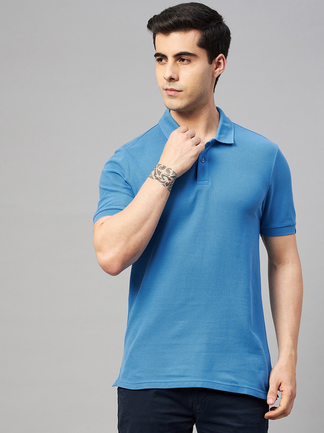 

Marks & Spencer Men Blue Solid Polo Collar Pure Cotton T-shirt