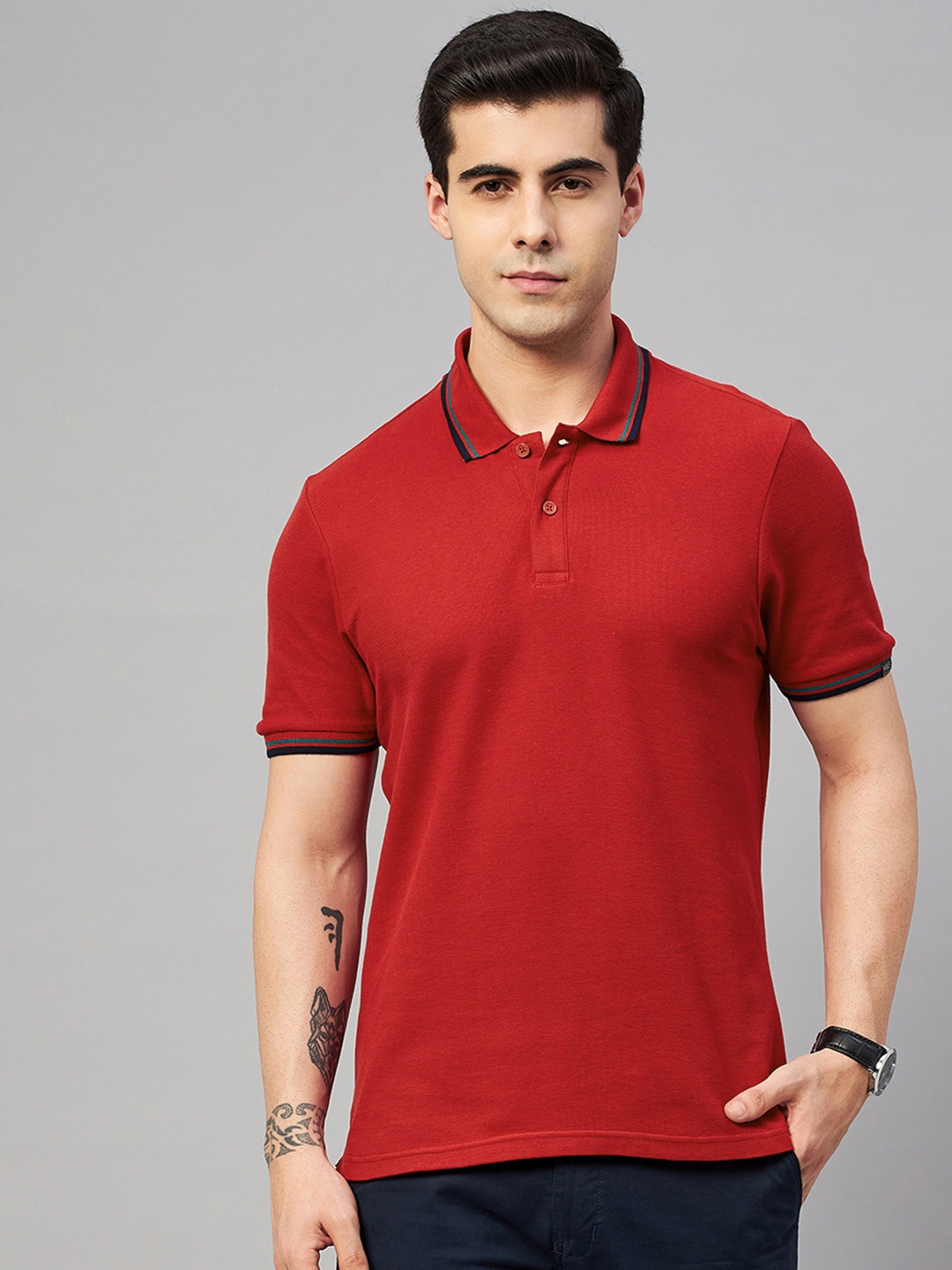 

Marks & Spencer Men Red Solid Polo Collar Pure Cotton T-shirt