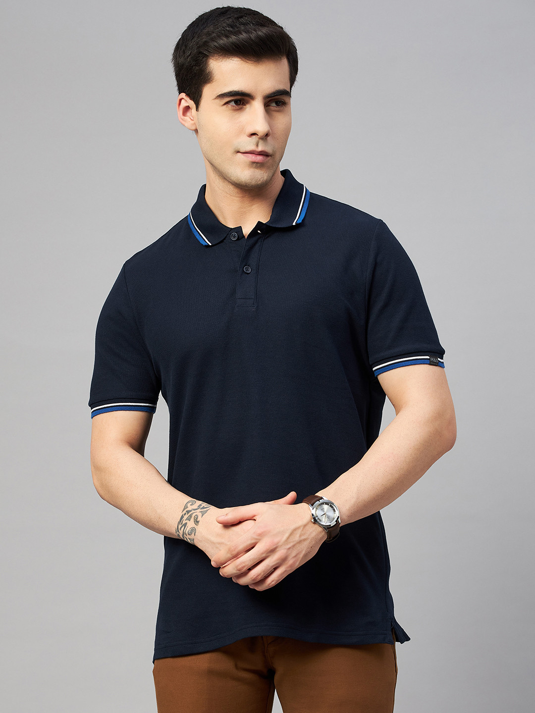 

Marks & Spencer Men Navy Blue Solid Polo Collar Pure Cotton T-shirt