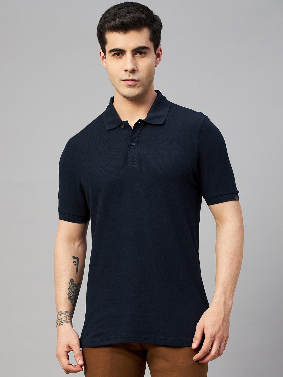

Marks & Spencer Men Navy Blue Solid Polo Collar Pure Cotton T-shirt