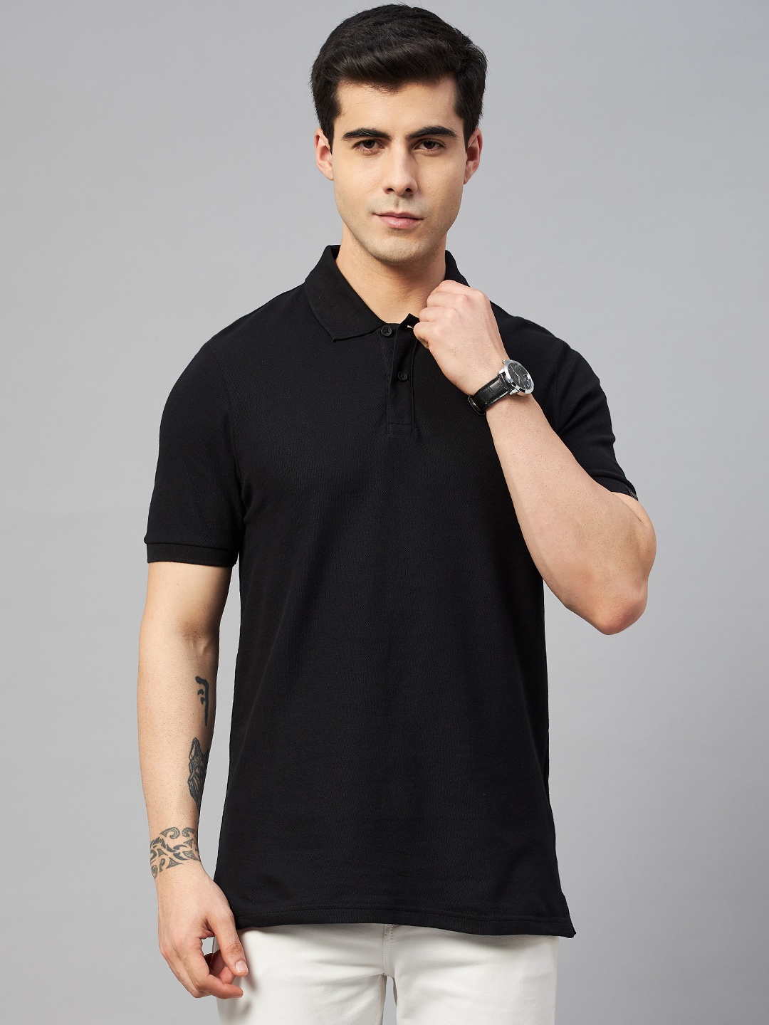 

Marks & Spencer Men Black Solid Polo Collar Pure Cotton T-shirt