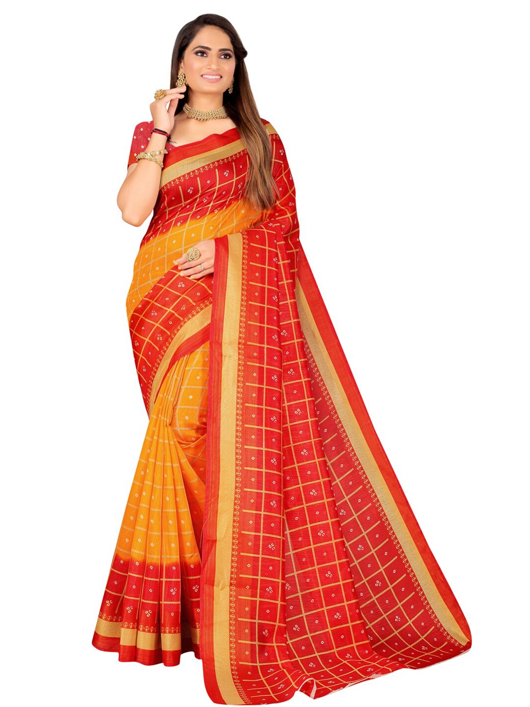 

Florence Yellow & Red Bandhani Art Silk Bandhani Saree