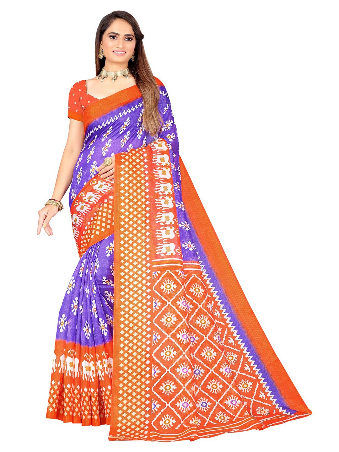 

Florence Purple & Orange Ethnic Motifs Zari Art Silk Ikat Saree