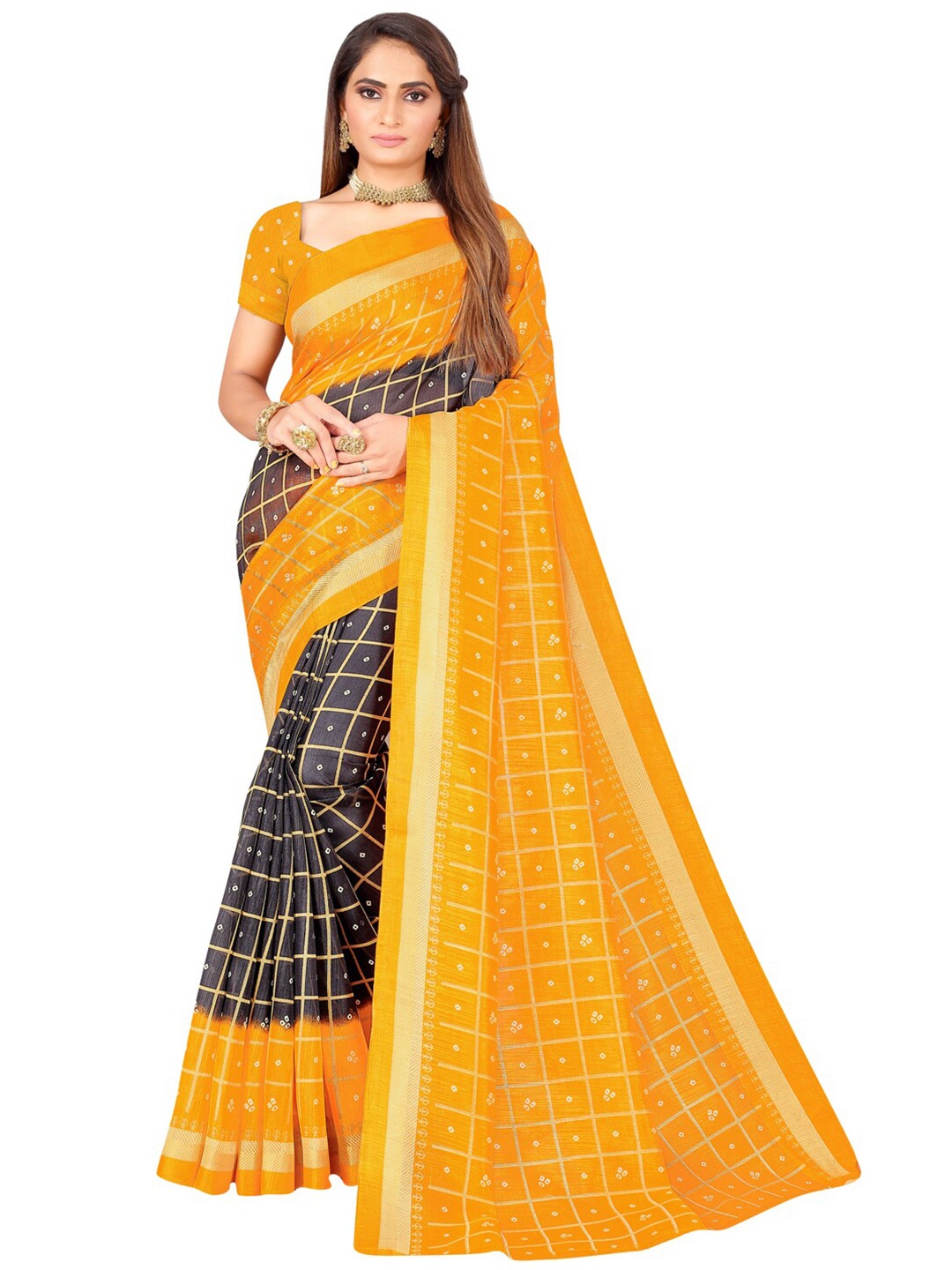 

Florence Black & Yellow Bandhani Zari Art Silk Bandhani Saree