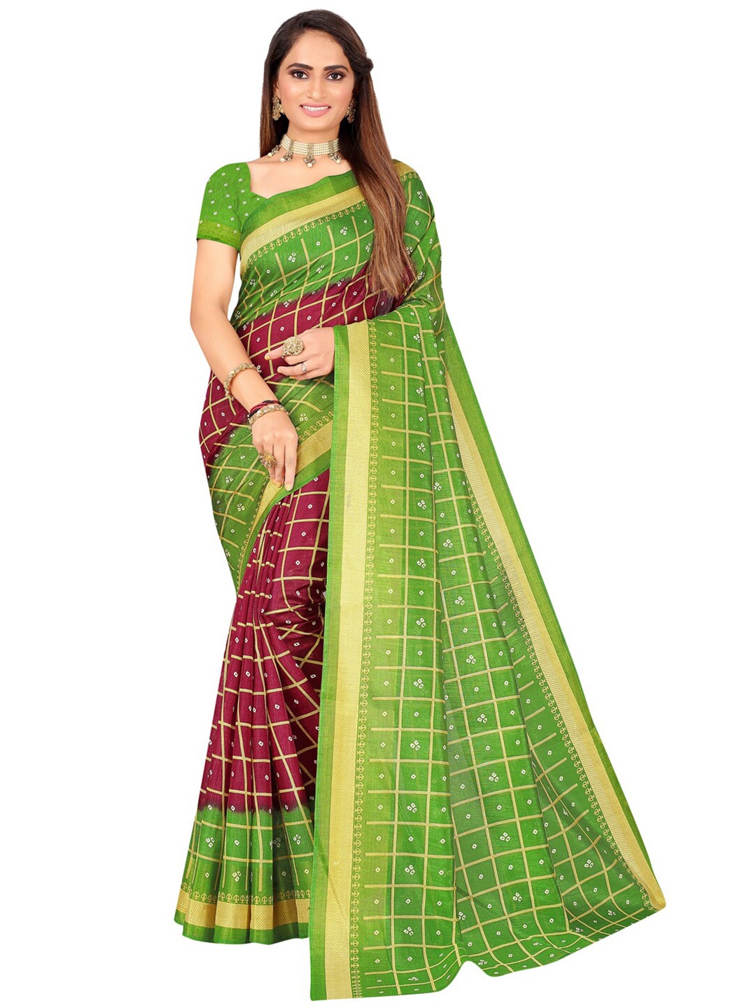 

Florence Cream-Coloured & Maroon Bandhani Zari Art Silk Bandhani Saree