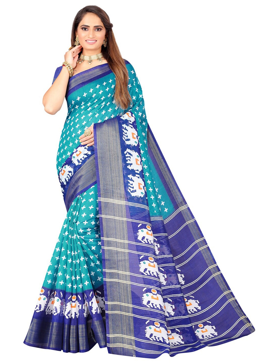 

Florence Turquoise Blue & Navy Blue Ethnic Motifs Zari Art Silk Ikat Saree