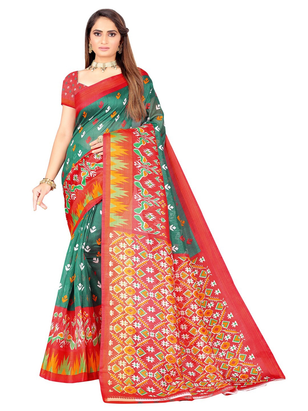 

Florence Green & Red Ethnic Motifs Zari Art Silk Ikat Saree