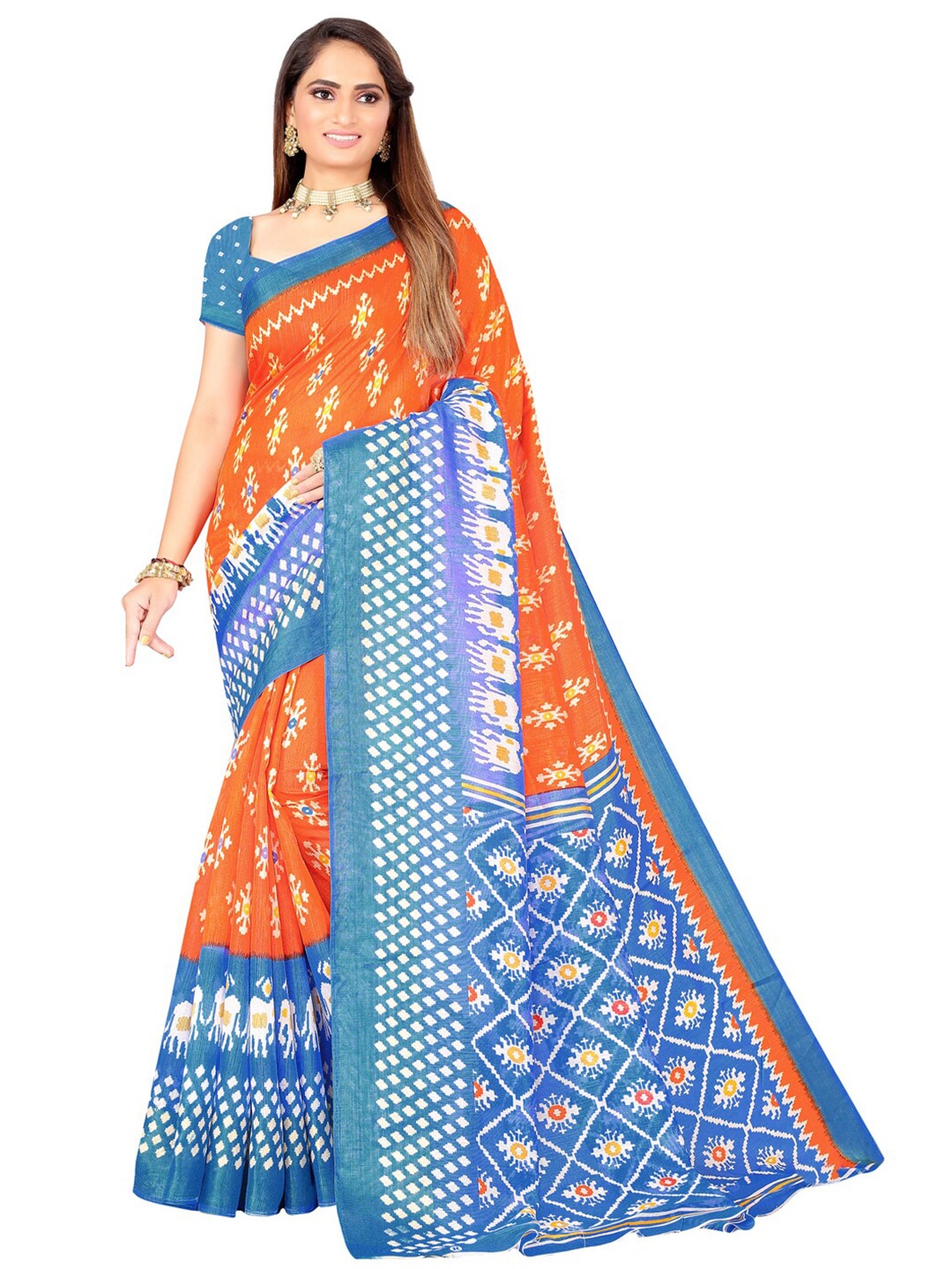 

Florence Orange & Blue Ethnic Motifs Art Silk Ikat Saree