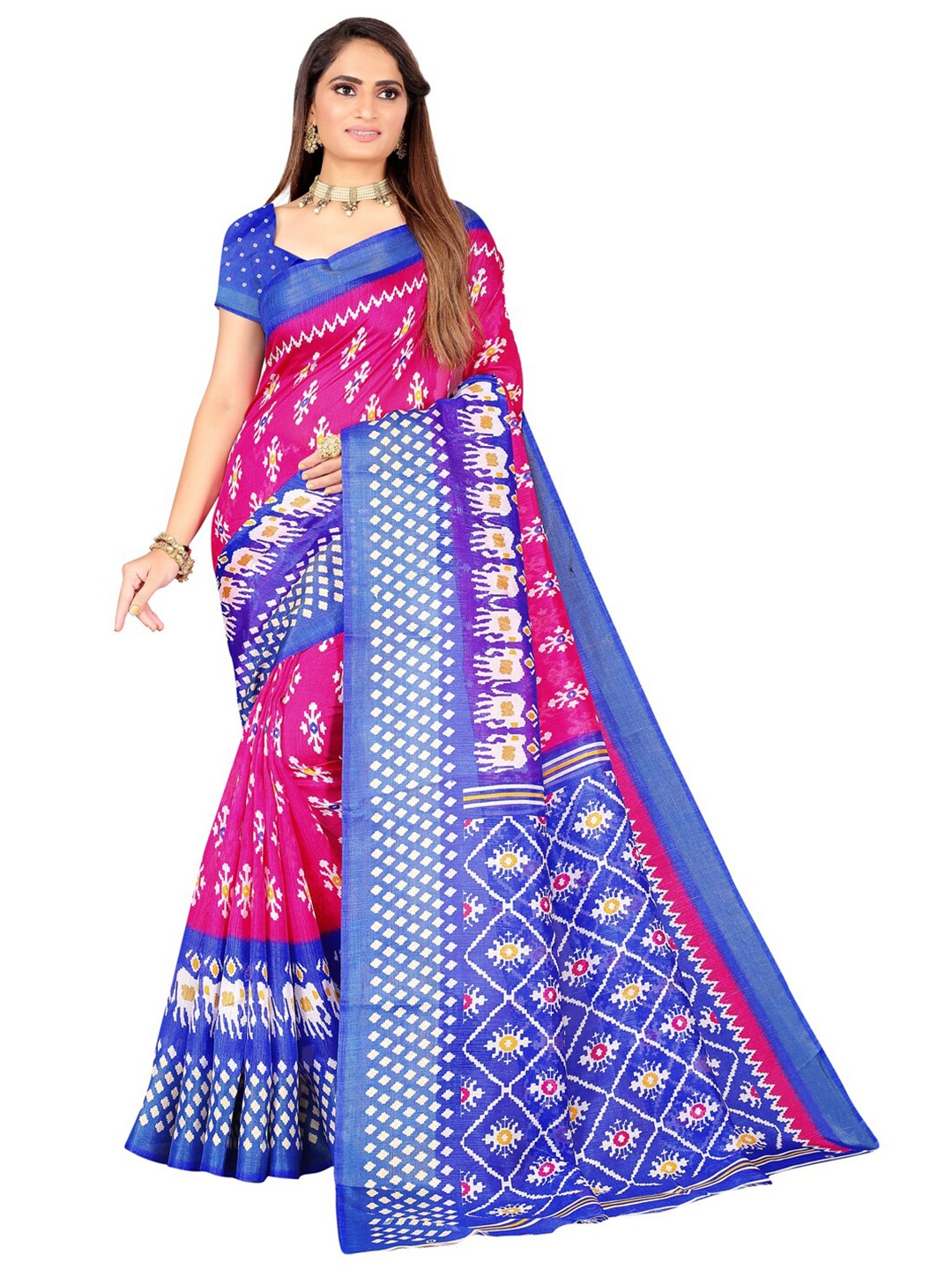 

Florence Pink & Navy Blue Ethnic Motifs Zari Art Silk Ikat Saree