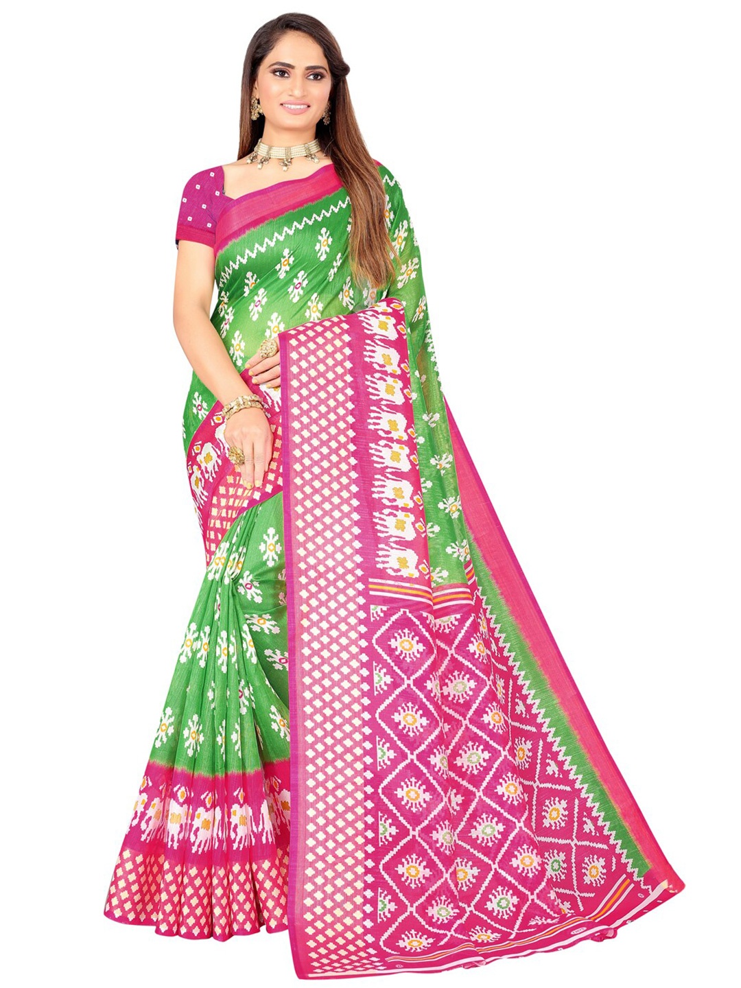 

Florence Green & Pink Ethnic Motifs Zari Art Silk Ikat Saree