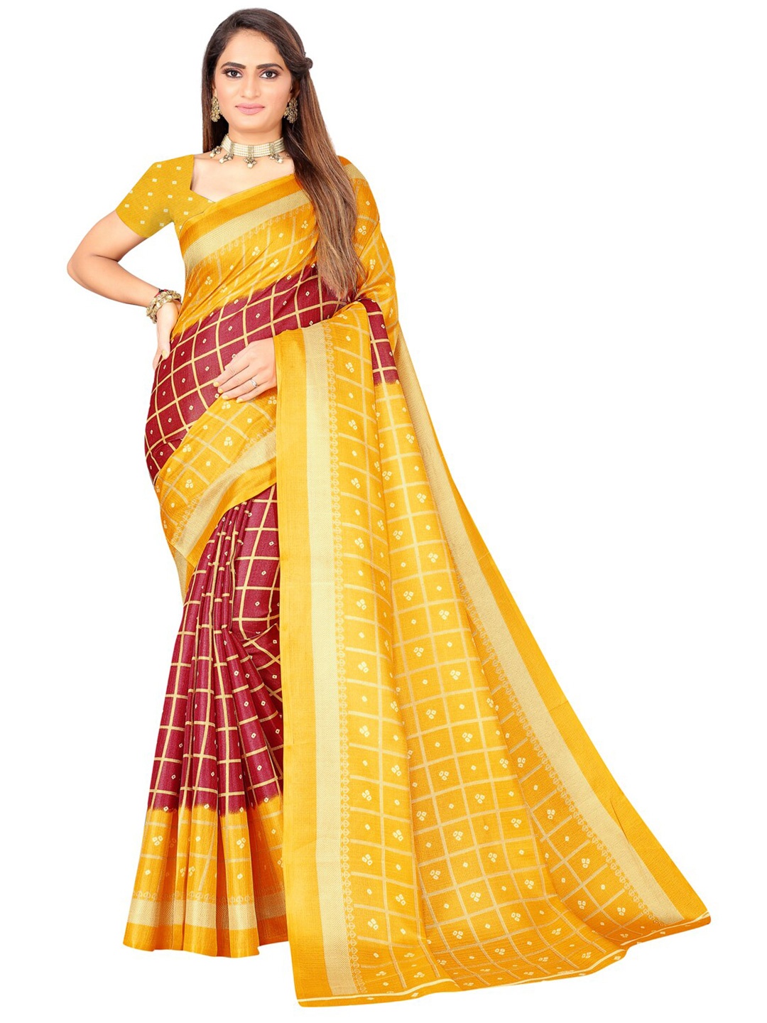 

Florence Maroon & Orange Bandhani Art Silk Bandhani Saree