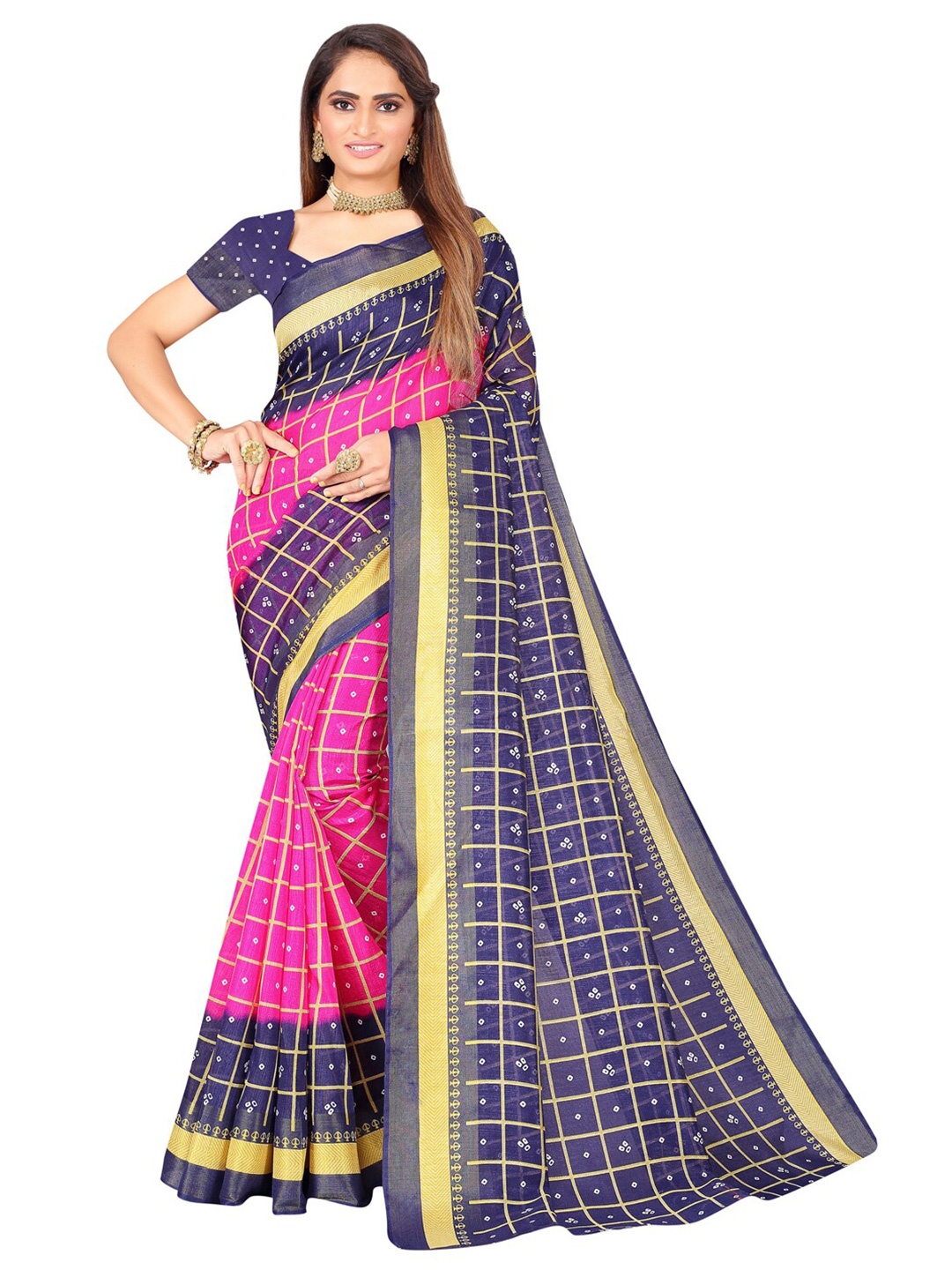 

Florence Pink & Navy Blue Bandhani Zari Art Silk Bandhani Saree