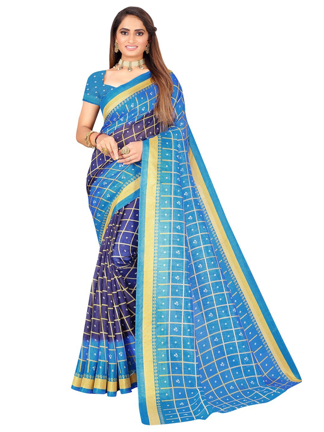

Florence Navy Blue & Gold-Toned Bandhani Art Silk Bandhani Saree