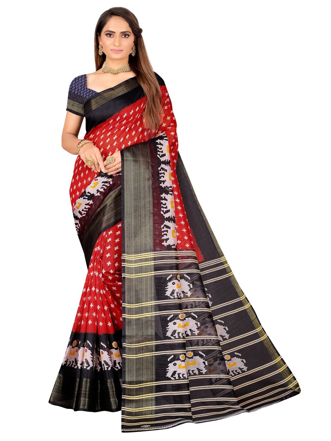 

Florence Red & Black Ethnic Motifs Art Silk Ikat Saree