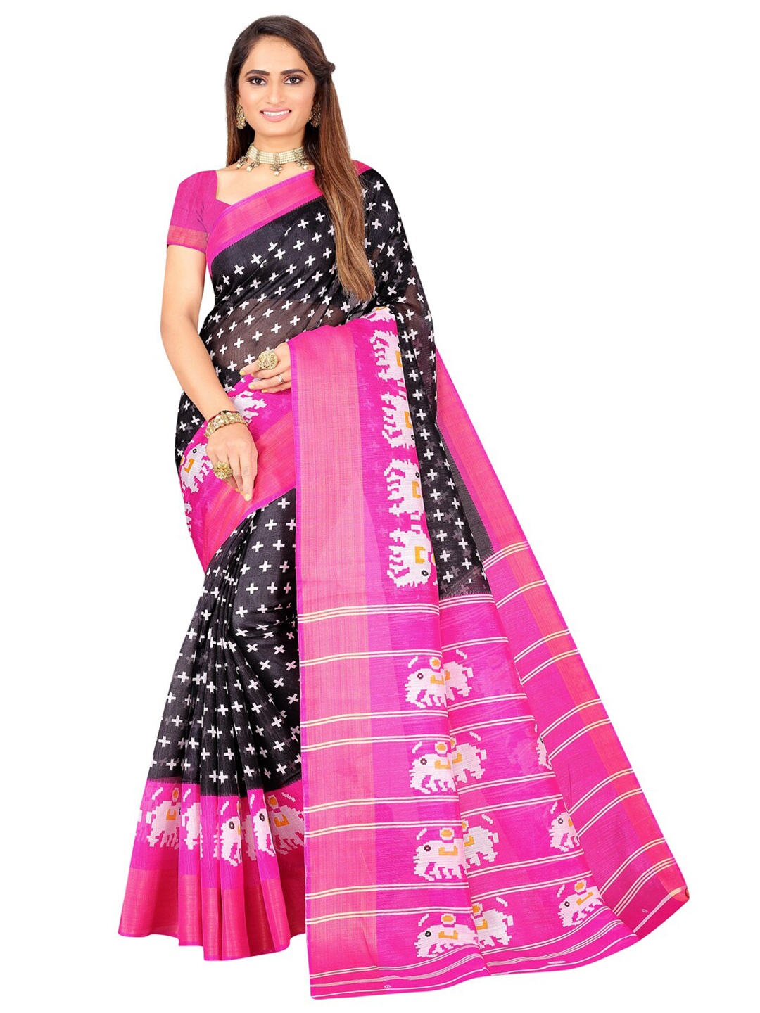 

Florence Black & Pink Ethnic Motifs Art Silk Ikat Saree