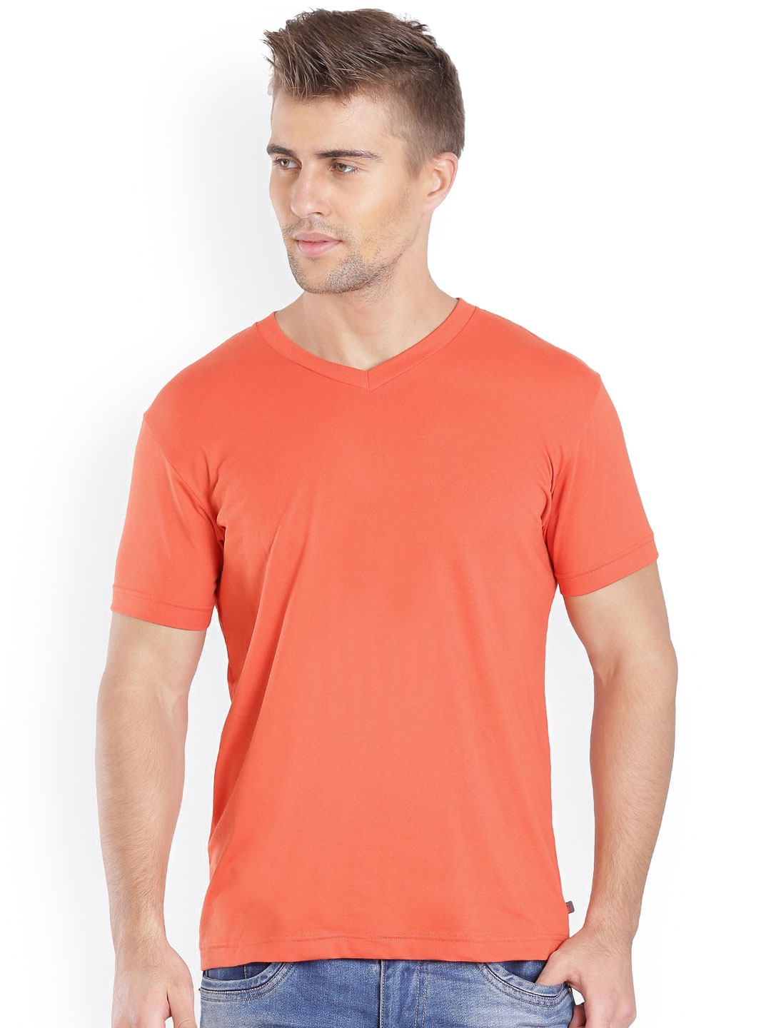 

Jockey Men Rust Orange Solid V-Neck T-shirt