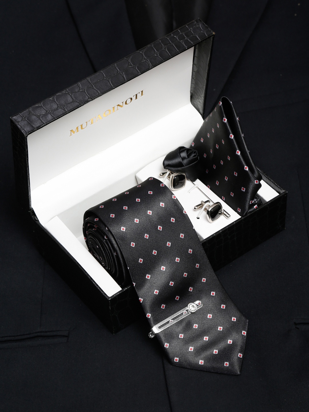 

MUTAQINOTI Men Square Necktie Accessory Gift Set, Black