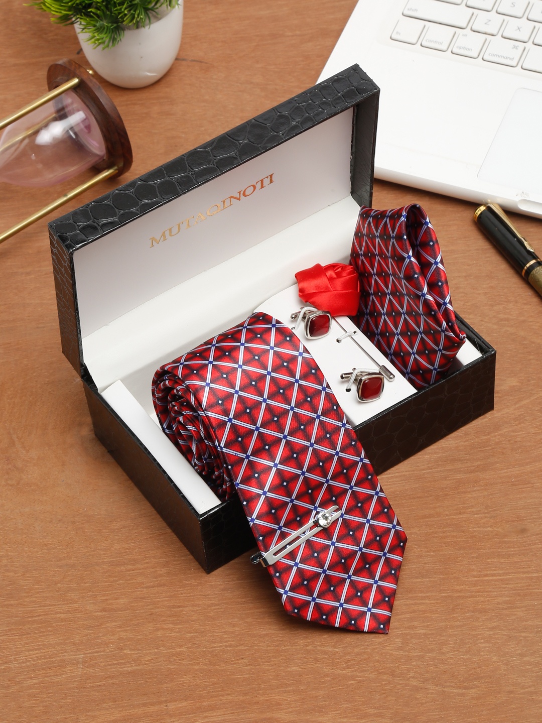 

MUTAQINOTI Men Silk Necktie Accessory Gift Set, Red