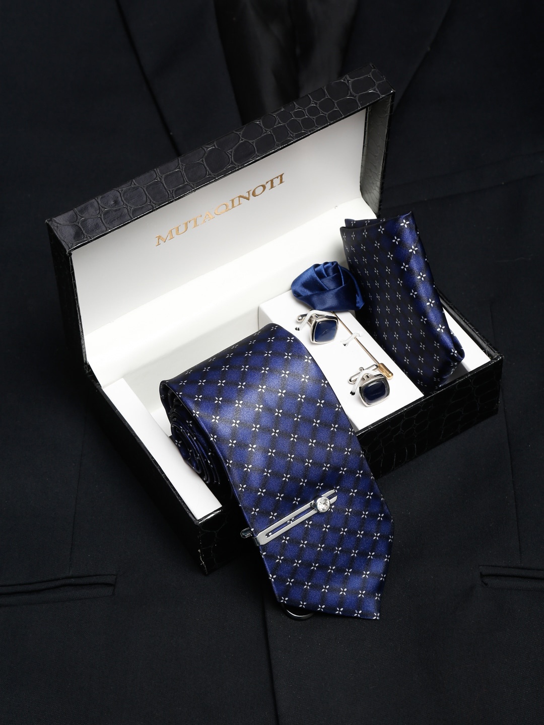 

MUTAQINOTI Men Floral Checks Blue Silk Blend Necktie Accessory Gift Set, Navy blue