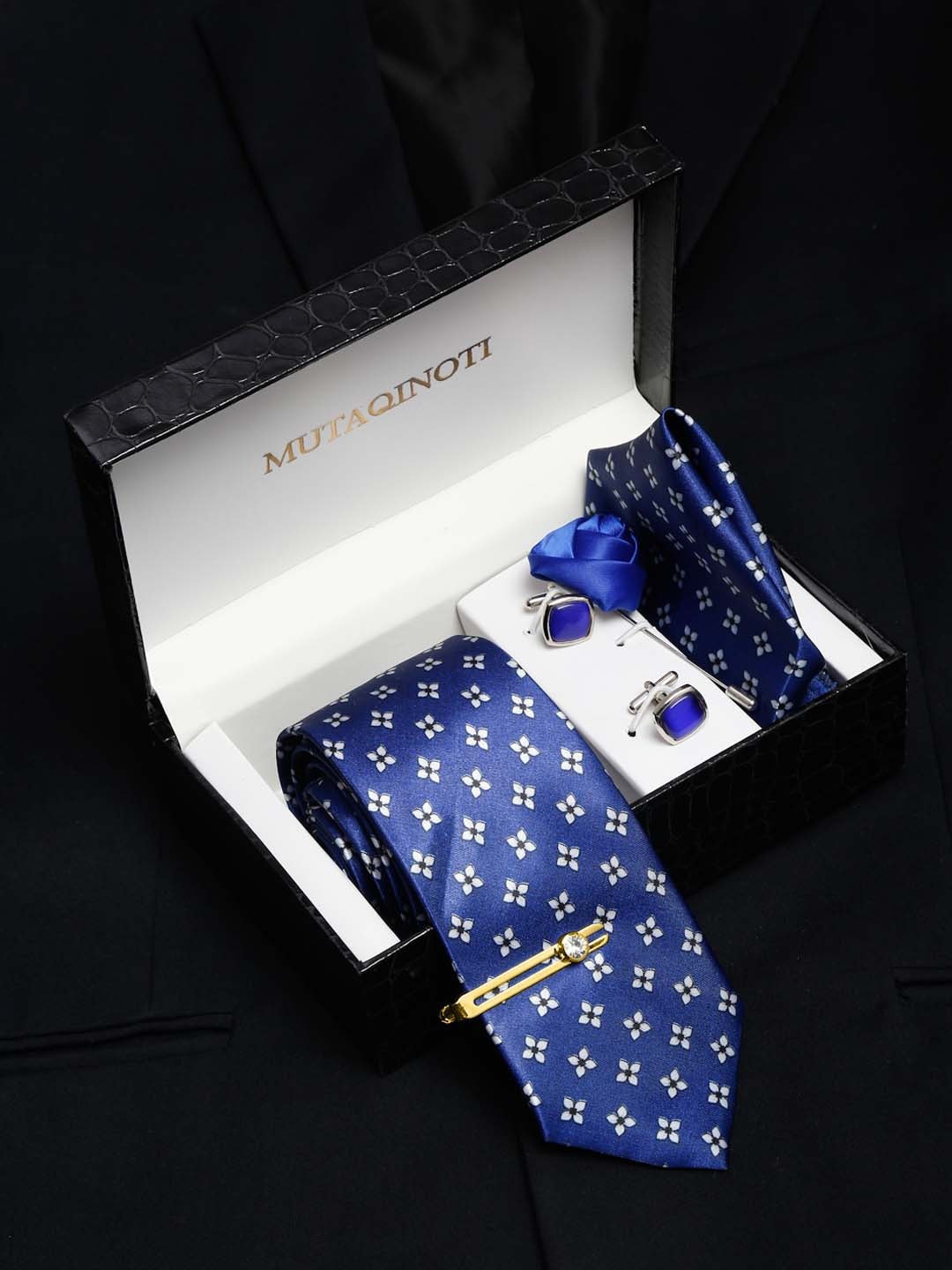 

MUTAQINOTI Men Floral Print Silk Blend Necktie Accessory Gift Set, Blue