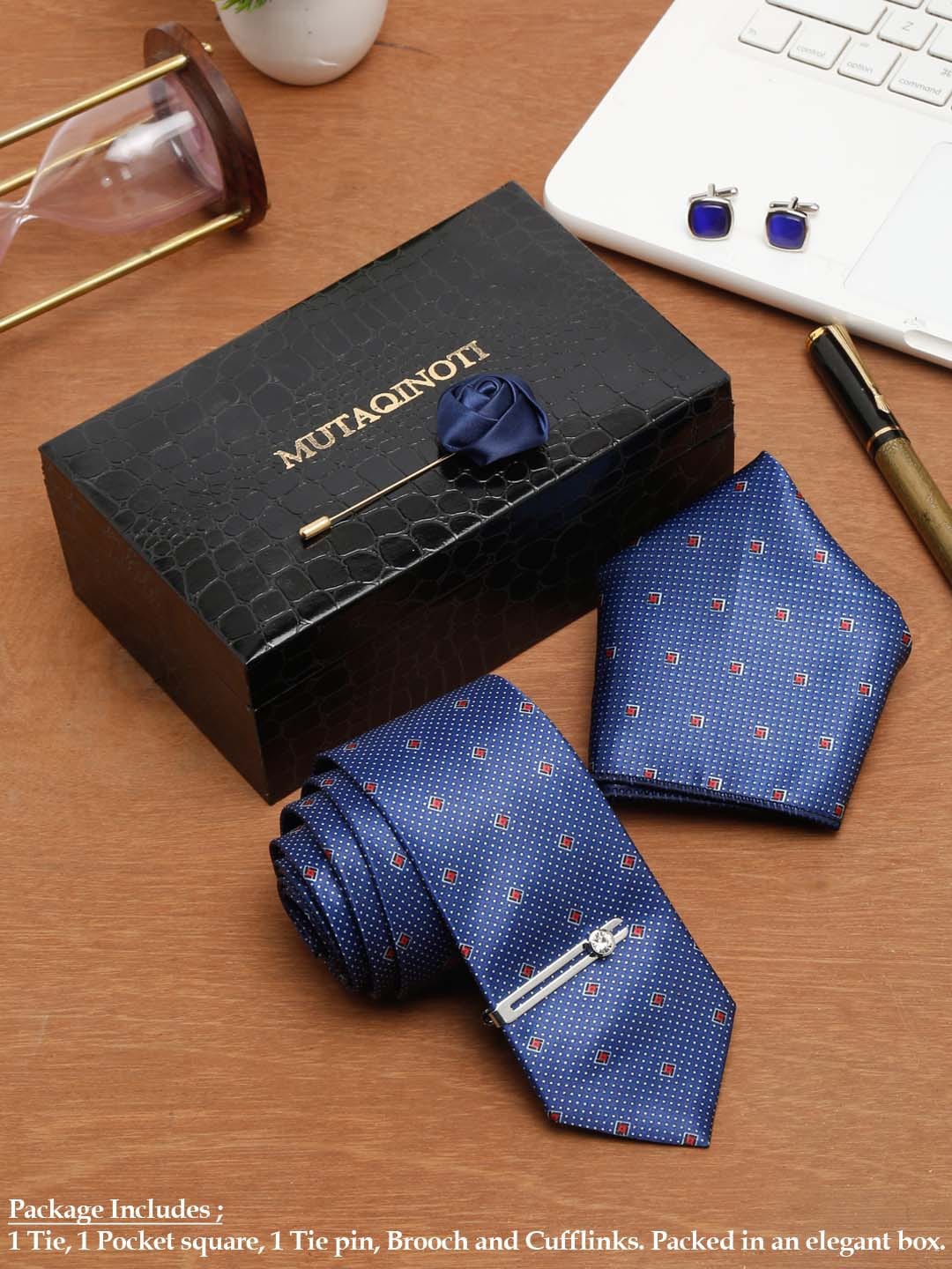 

MUTAQINOTI Men Dotted Checks Blue Silk Blend Necktie Accessory Gift Set