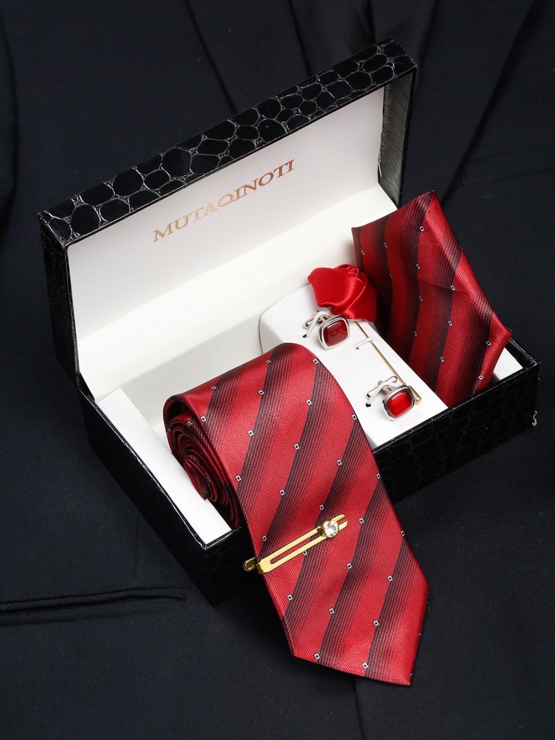 

MUTAQINOTI Men Silk Blend Necktie Accessory Gift Set, Red