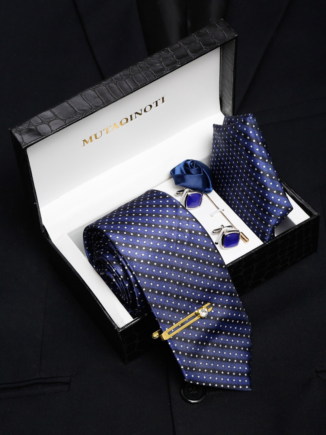 MUTAQINOTI Men Silk Blend Necktie Accessory Gift Set, Blue