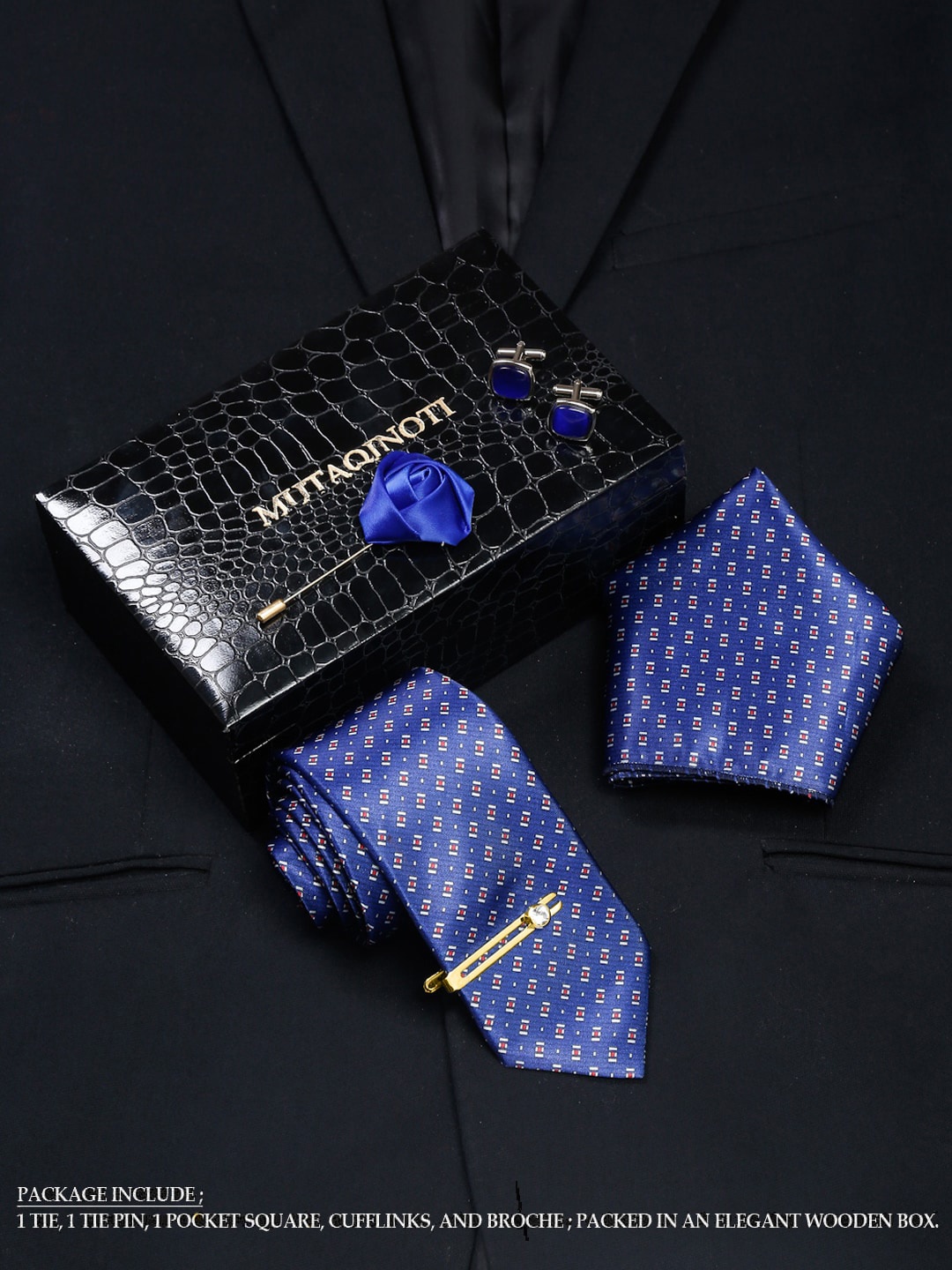 

MUTAQINOTI Men Tie Cufflinks Pocket Square Accessory Gift Set, Blue