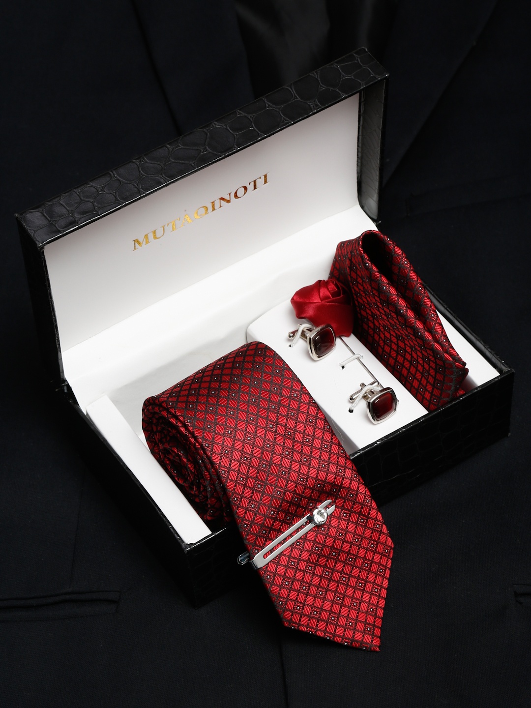 

MUTAQINOTI Men Silk Necktie Accessory Gift Set, Red