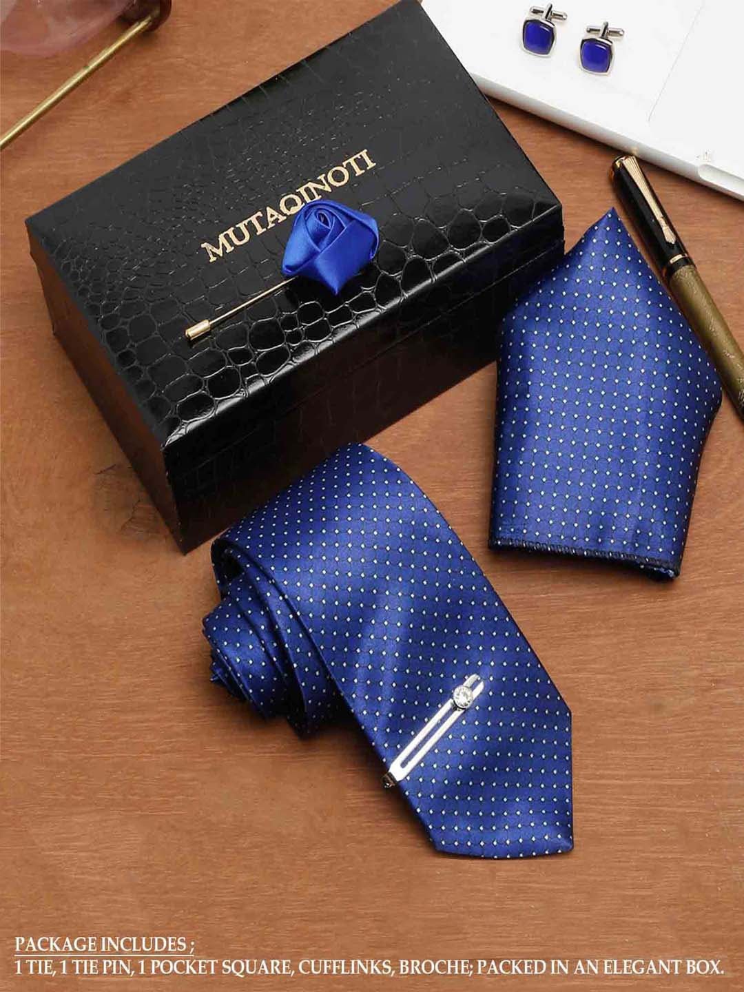 

MUTAQINOTI Men Silk Blend Necktie Accessory Gift Set, Blue