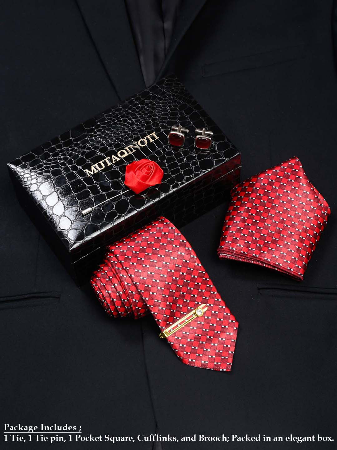 

MUTAQINOTI Men Silk Necktie Accessory Gift Set, Red
