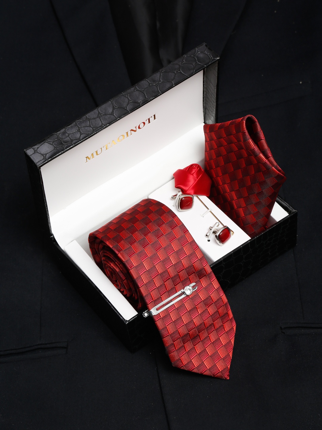 

MUTAQINOTI Men Printed Silk Blend Necktie Accessory Gift Set, Red