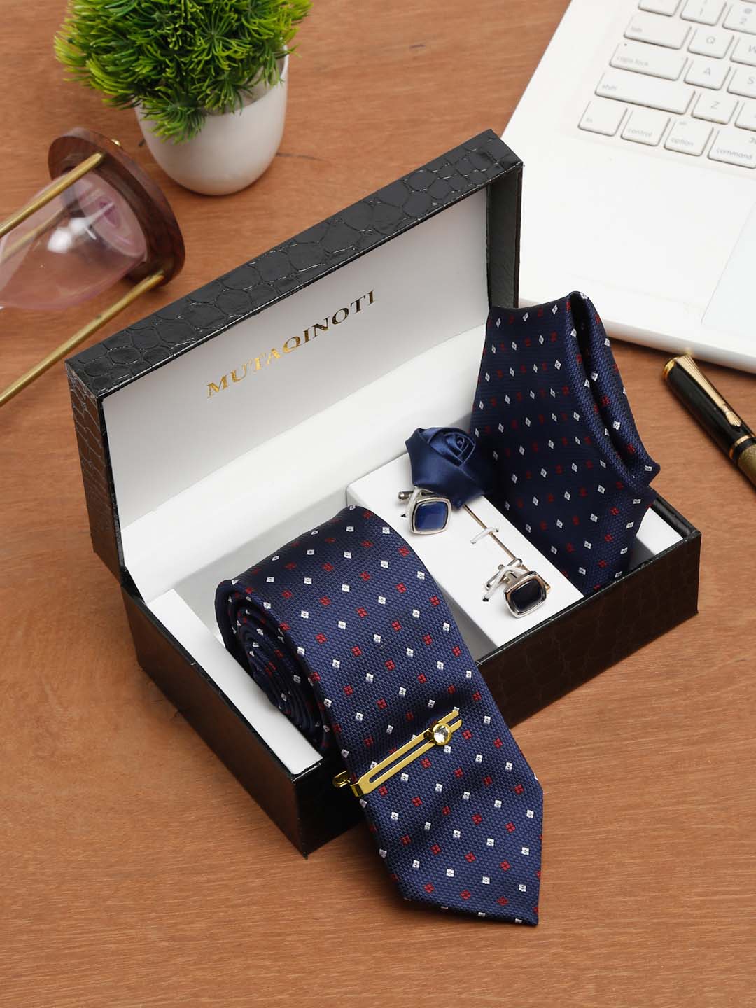 

MUTAQINOTI Men Multi Checks Blue Silk Necktie Accessory Gift Set, Navy blue