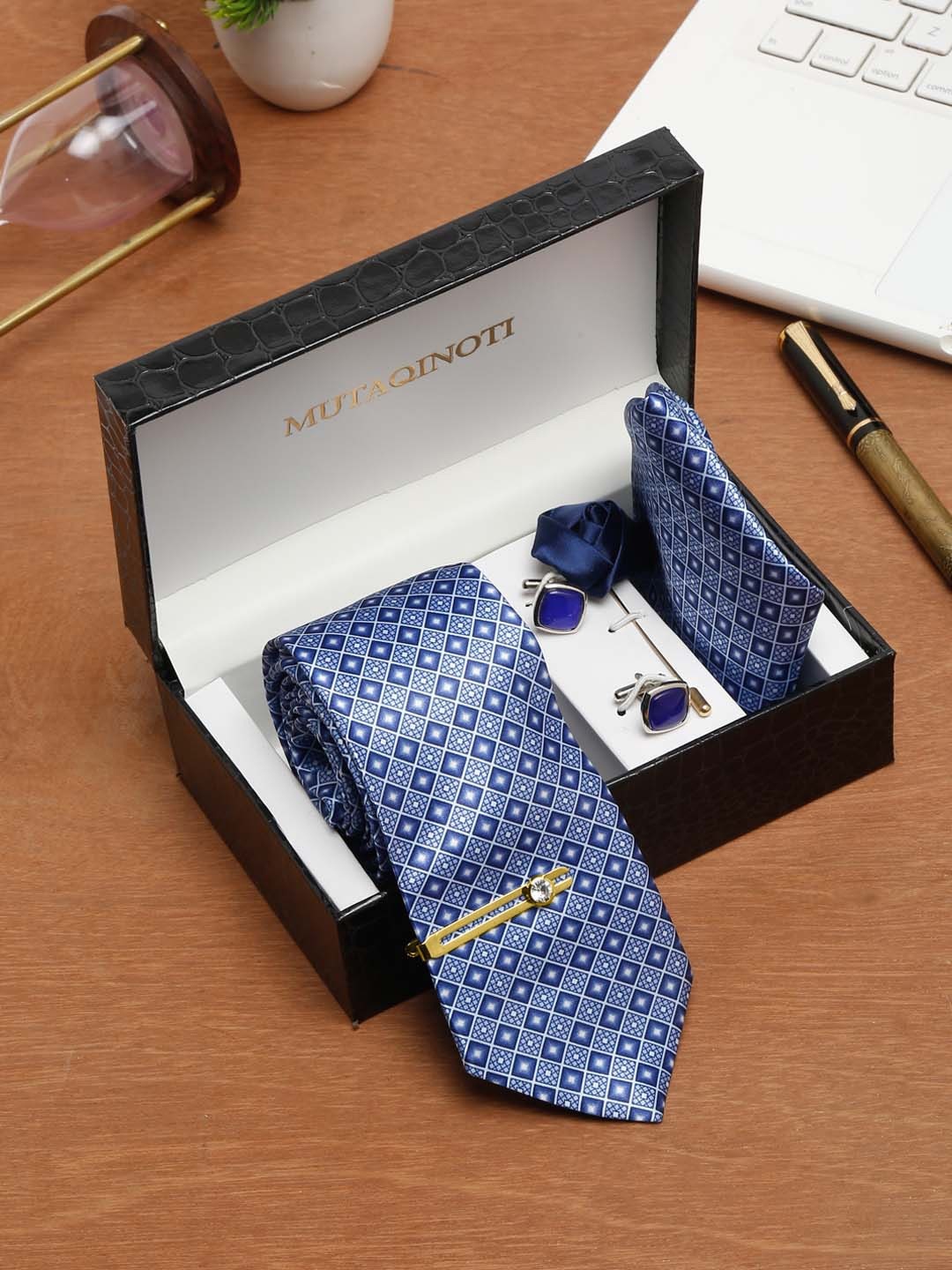 

MUTAQINOTI Men Silk Blend Necktie Accessory Gift Set, Blue