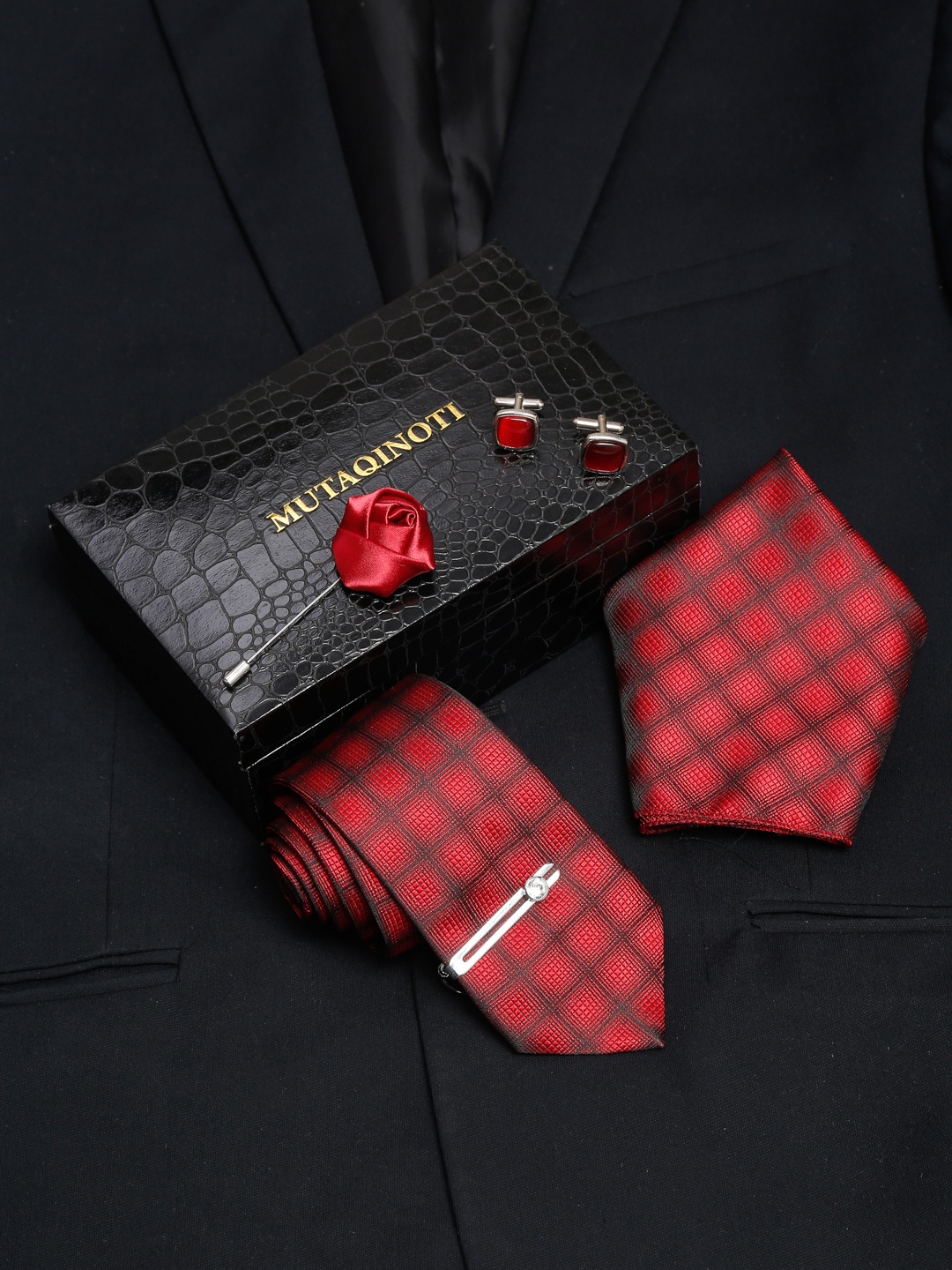 MUTAQINOTI Men Checked Silk Formal Accessory Gift Set, Red