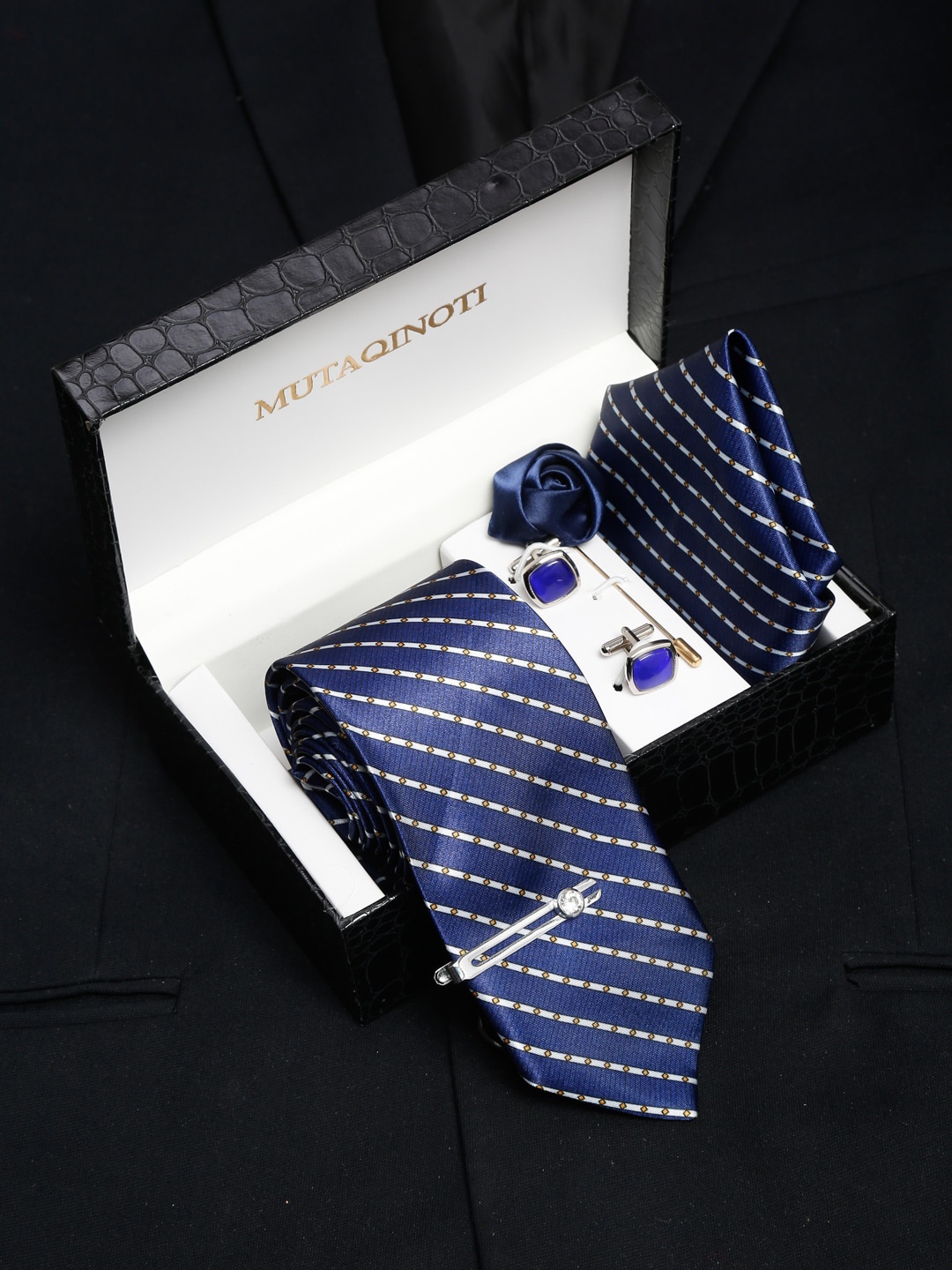 

MUTAQINOTI Men Striped Necktie Accessory Gift Set, Blue