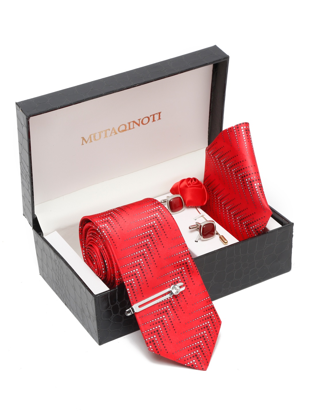 

MUTAQINOTI Men Silk Blend Necktie Accessory Gift Set, Red