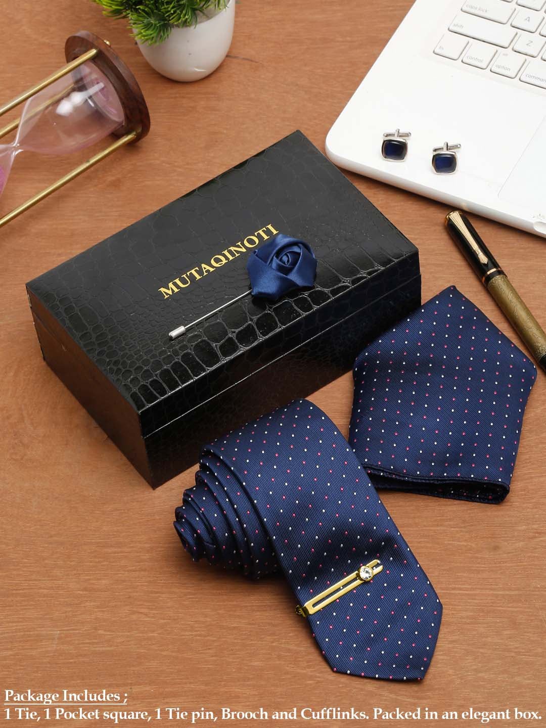 

MUTAQINOTI Men Dotted Blue Silk Necktie Accessory Gift Set