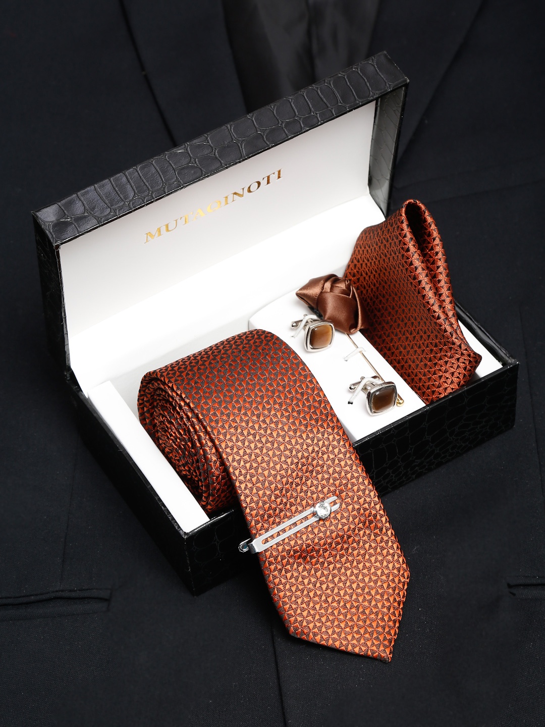 

MUTAQINOTI Men Floral Silk Necktie Accessory Gift Set, Brown