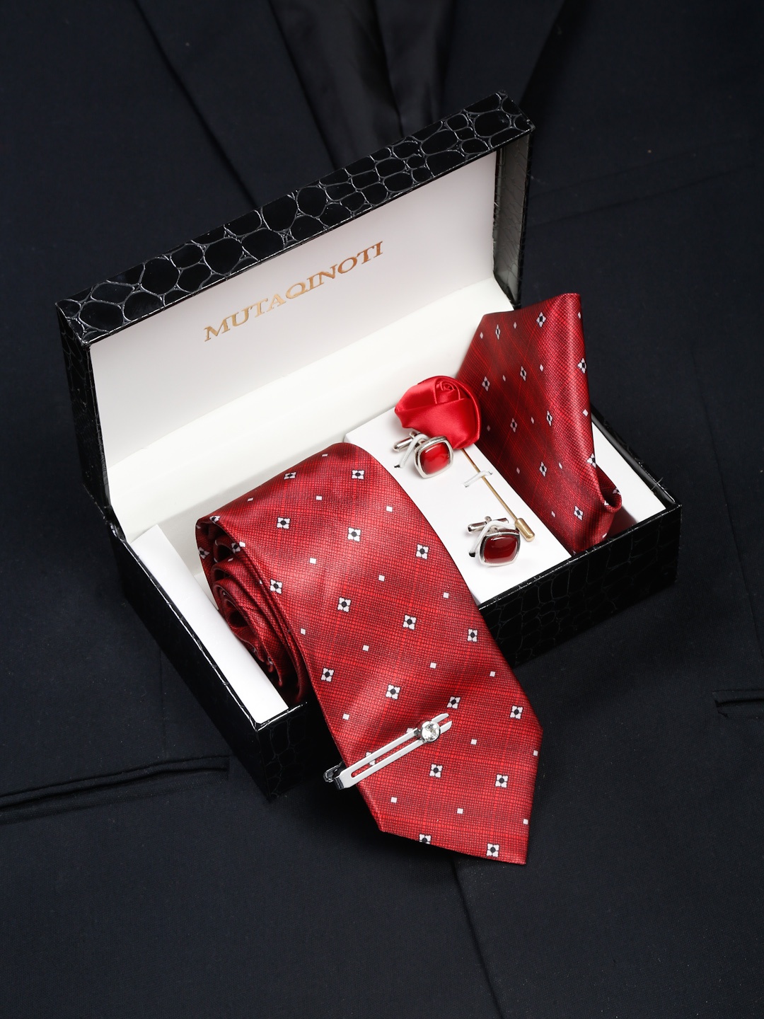 

MUTAQINOTI Men Dark Stripes Silk Blend Necktie Accessory Gift Set, Red