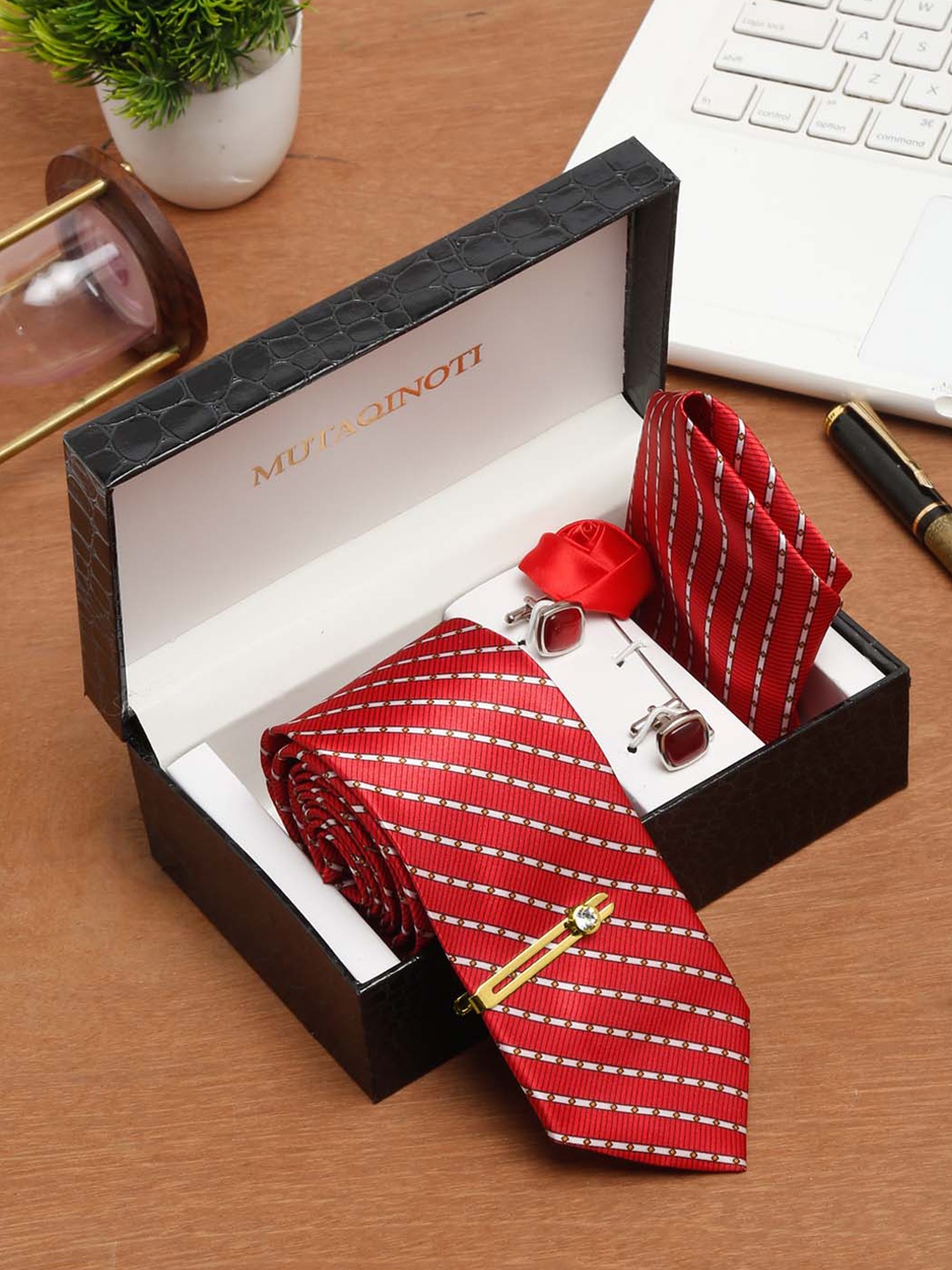 

MUTAQINOTI Men Striped Necktie Accessory Gift Set, Red