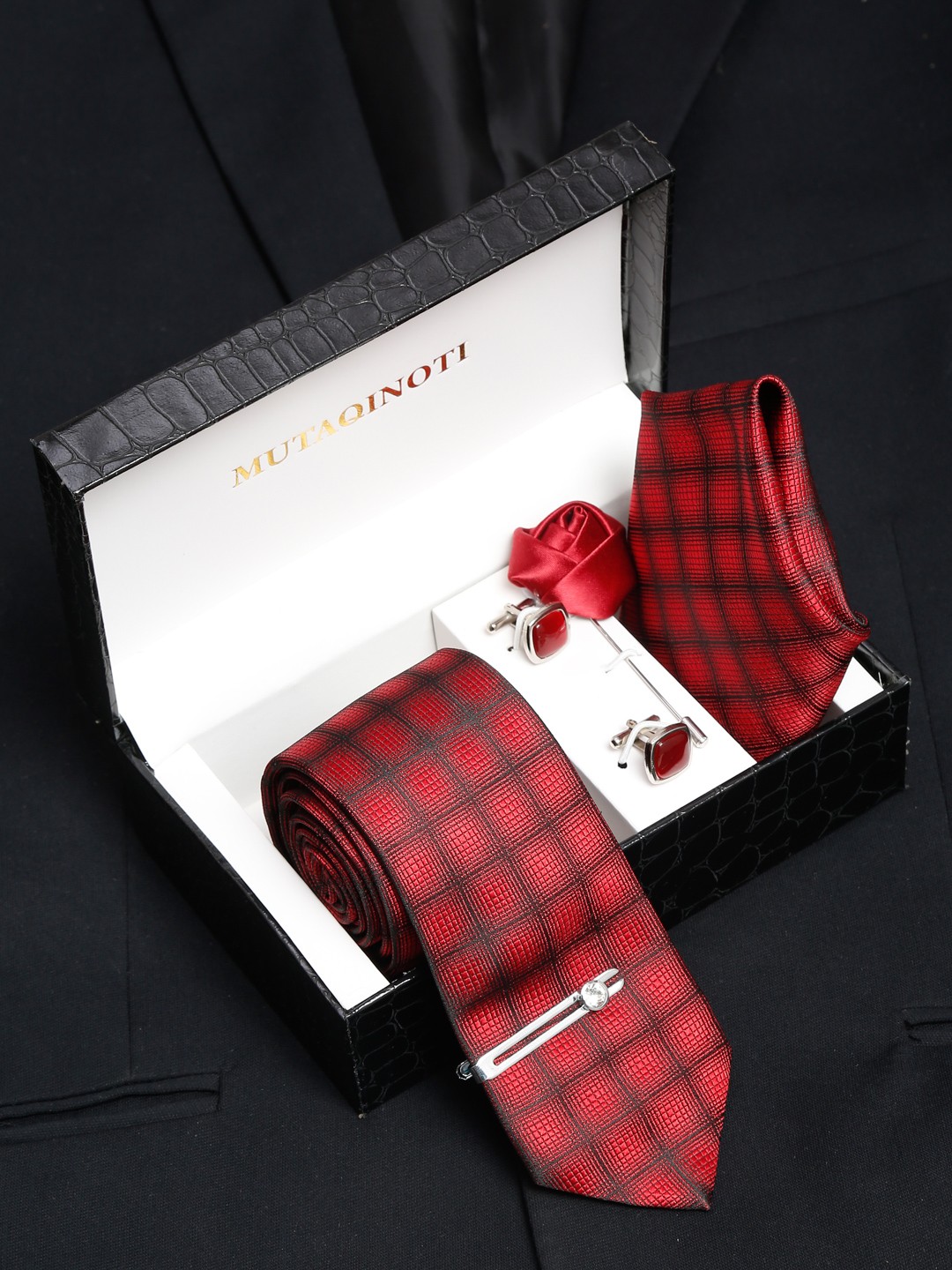 

MUTAQINOTI Men Big Checks Silk Necktie Accessory Gift Set, Red
