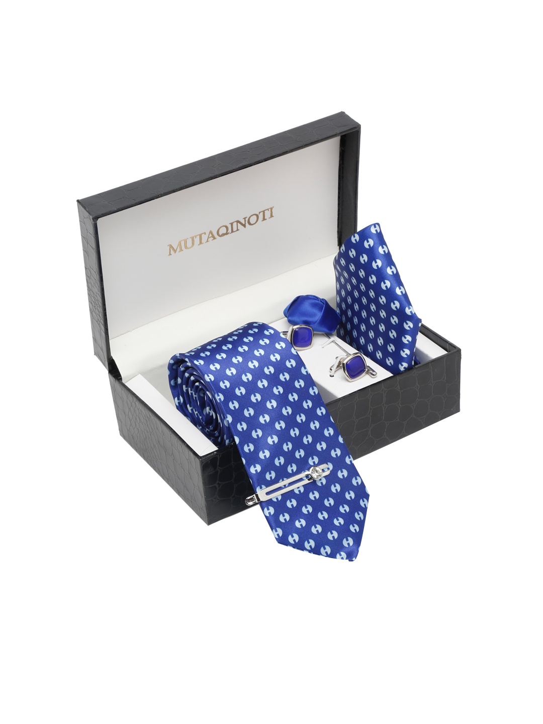

MUTAQINOTI Men Half Polka Blue Silk Blend Necktie Accessory Gift Set