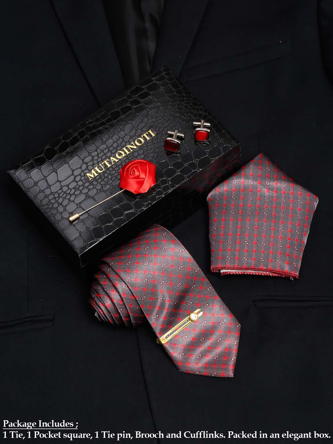 

MUTAQINOTI Men Square Silk Blend Necktie Accessory Gift Set, Red